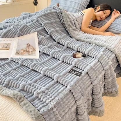 Light gray ribbed cozy faux rabbit plush blanket with a soft corduroy texture perfect for bedroom decorbites cozy faux use