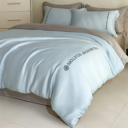Light blue satin cotton embroidery bedding set with relationship riceton embroidered in dark gray for bedroom decorbites