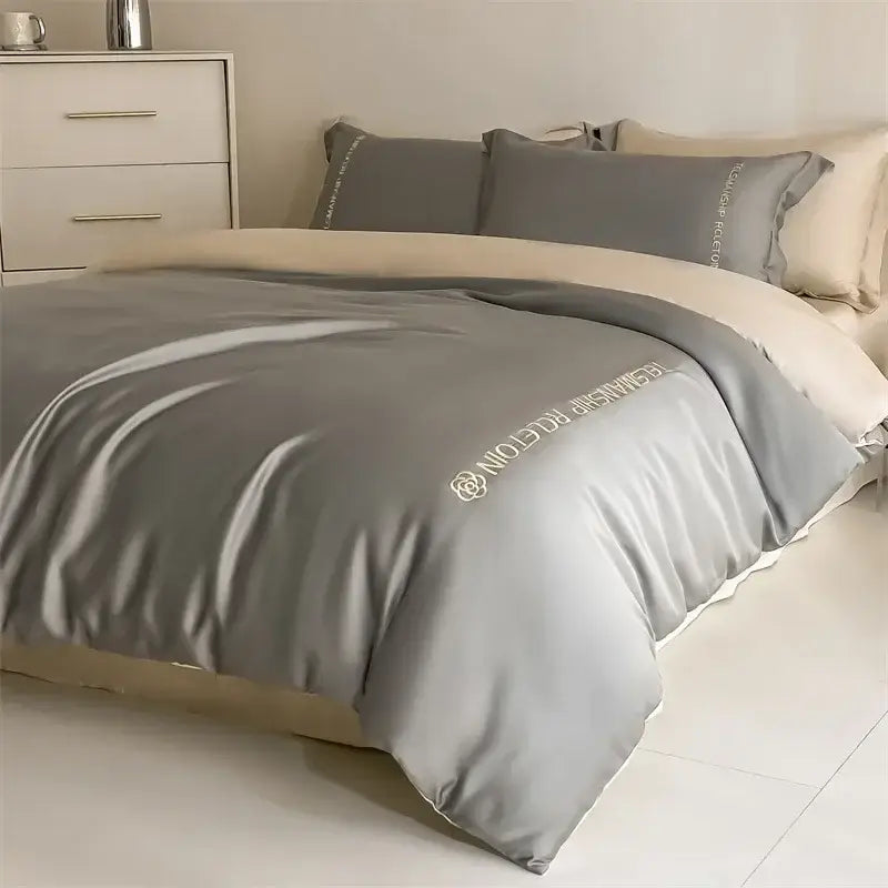 Gray satin duvet cover with cream cotton embroidery bedding set inner lining for decorbites bedding set bedroom use