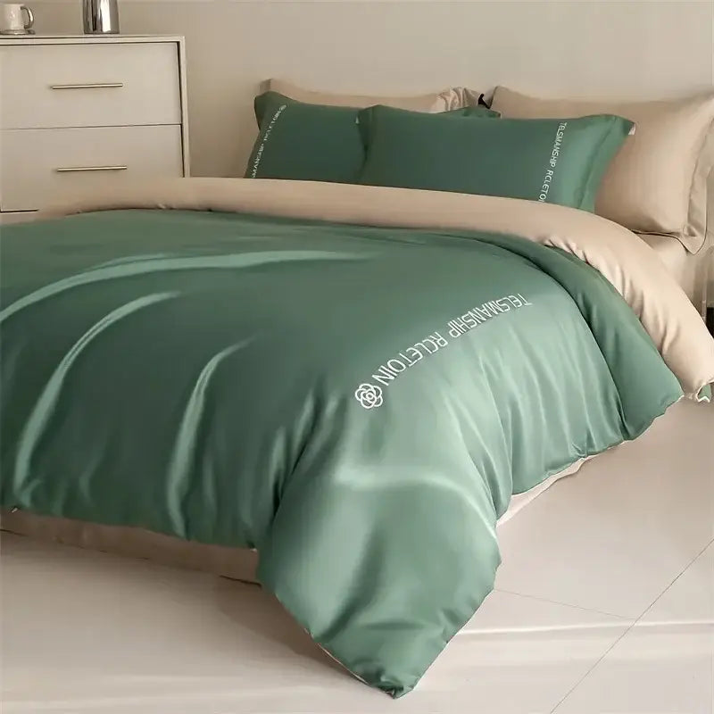 Teal satin duvet cover bedding set with white decorbites cotton embroidery for bedroom decor and comfort