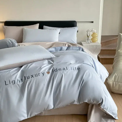 Light blue satin embroidery bedding set with light luxury ideal life text for bedroom decorbites 120s long duvet cover
