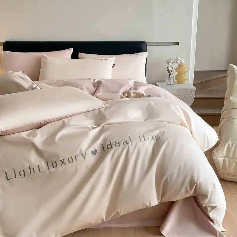 Cream-colored satin duvet cover with light luxury heart ideal life satin embroidery in decorbites bedding set