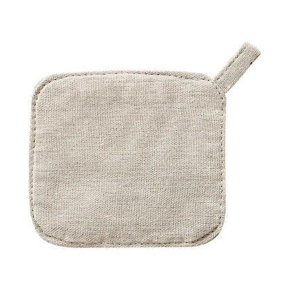 Beige linen pot holder with matching fabric loop handle complementing the light gray cotton linen coaster set decorbites cotton linen