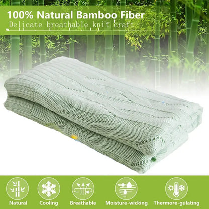 Light green bamboo knitted cooling blanket with ribbed texture made from soft bamboo fiber for bedroom decorbites use