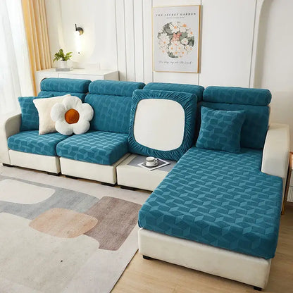 Teal geometric-patterned decorbites jacquard sofa stretch cover with white pillow and matching cushion for living room use