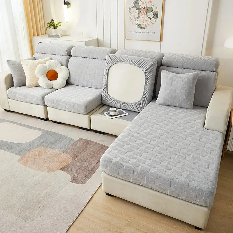 Light gray textured fabric decorbites jacquard sofa seat cover with subtle geometric pattern for living room use