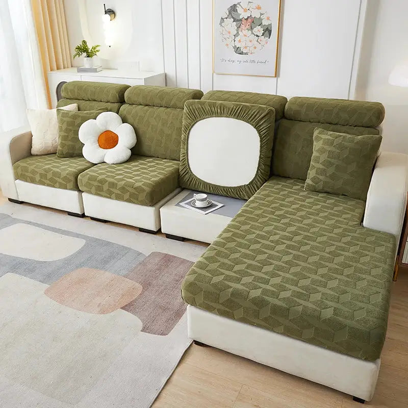 Light green hexagonal jacquard sofa seat cover with olive green geometric pattern and white oval cutout decorbites jacquard sofa