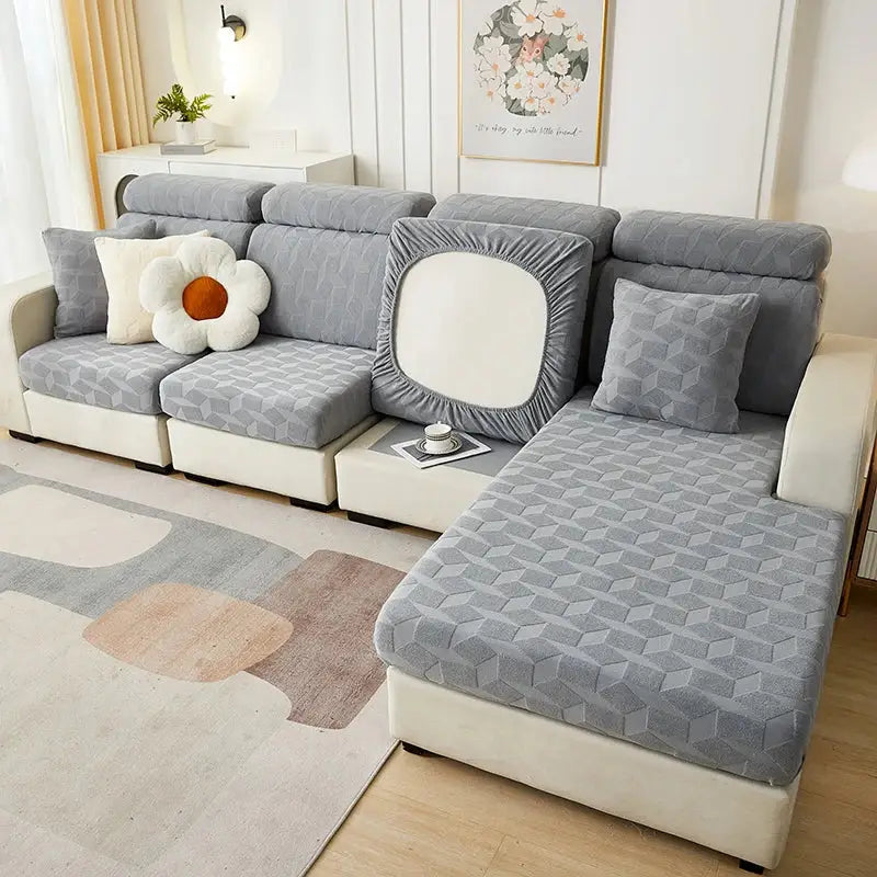 Gray geometric-patterned decorbites jacquard sofa seat cover with elastic edges and matching pillow for living room decor