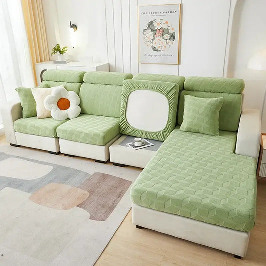Light green hexagonal quilted jacquard sofa seat cover with elastic edges by decorbites for living room seating