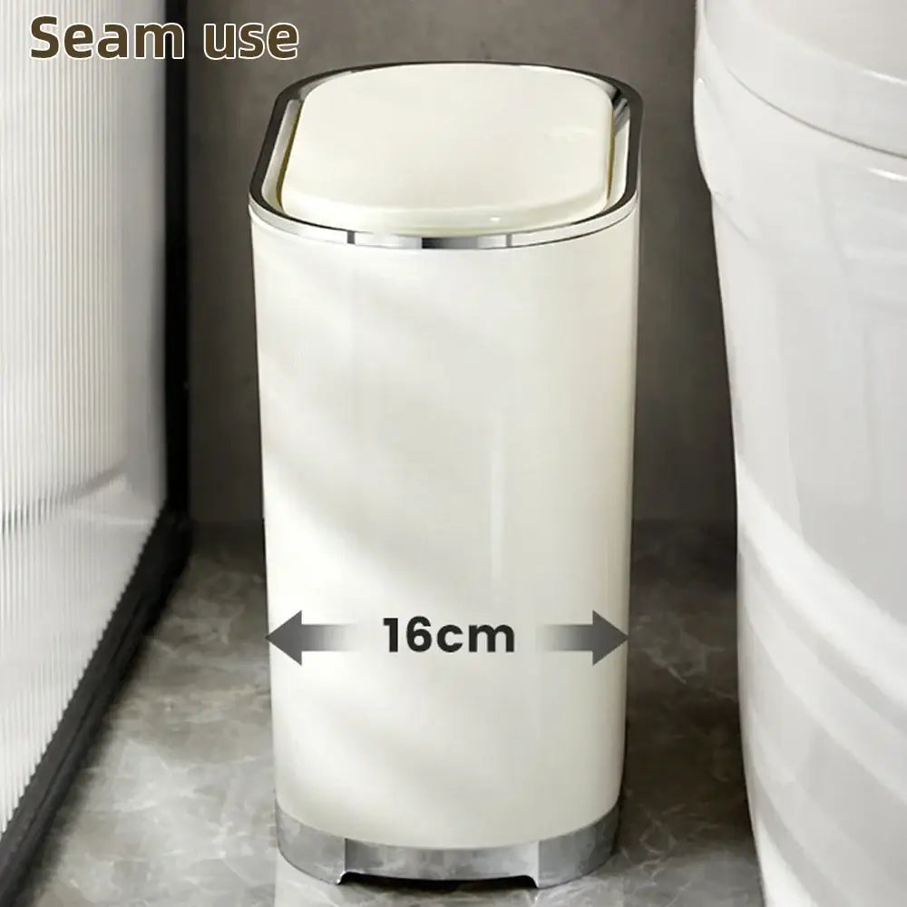 A sleek cylindrical white sensor trash can with silver metallic rim for light luxury bathroom and kitchen decorbites light luxury