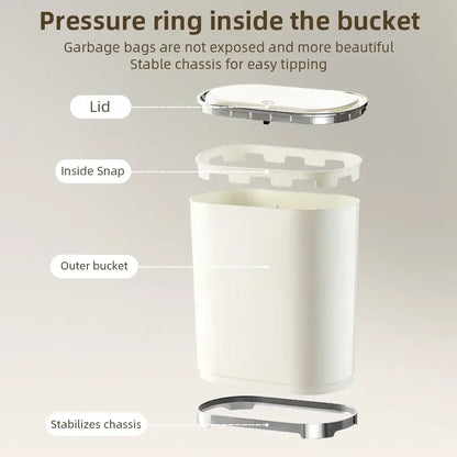 Light luxury bathroom trash can cream sensor waste bin with white cylindrical body silver lid and stabilizing chassis decorbites light luxury