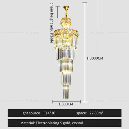Elegant gold electroplated metal tiered luxury crystal chandelier with clear prisms for decorbites light luxury living room