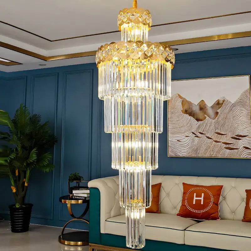 A multi-tiered gold luxury crystal chandelier with illuminated glass rods for light luxury crystal decorbites living room light