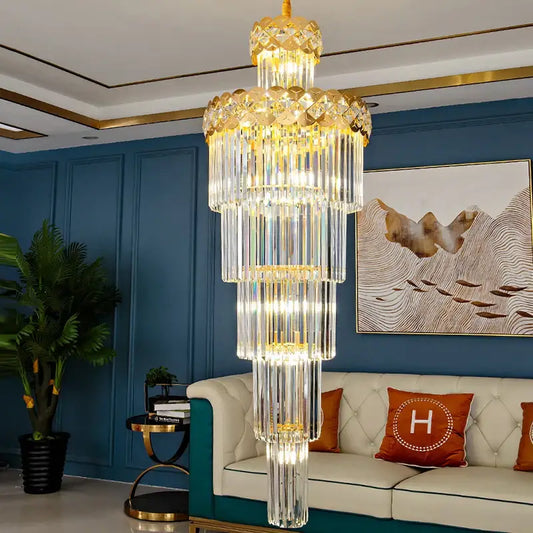 A multi-tiered gold crystal chandelier with illuminated glass rods for light luxury crystal decorbites light luxury living room