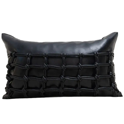 Black leather pillow cover with woven knot pattern for light luxury designer living room decor