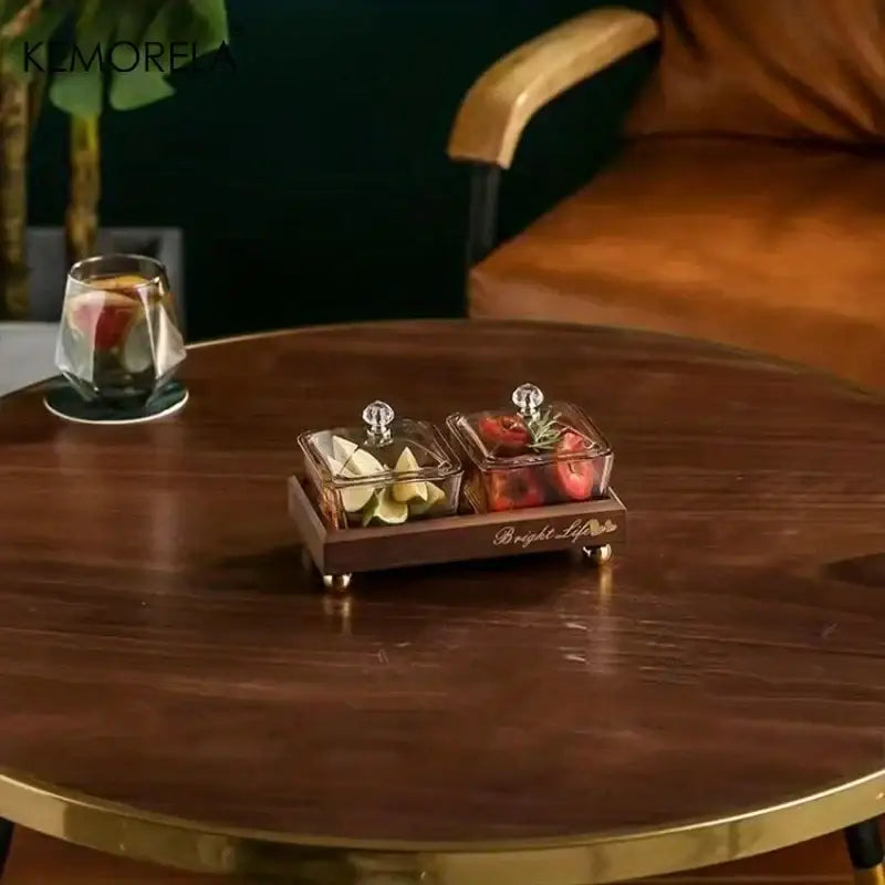 Brown wooden tray with two clear glass fruit plates featuring crystal knobs decorbites light luxury snack set