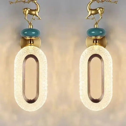 Gold deer wall lamp with teal jade beads and textured oval glass shades for decorbites light luxury modern bedroom decor
