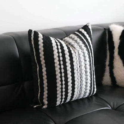 Black and white striped woven pillow cover with textured chunky knit stripes decorbites light luxury plush decor