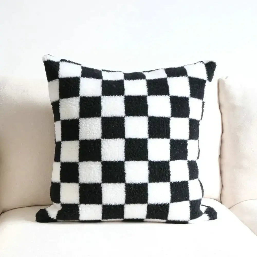 Black and white checkered pillow cover with plush fuzzy texture for decorbites light luxury living room decor