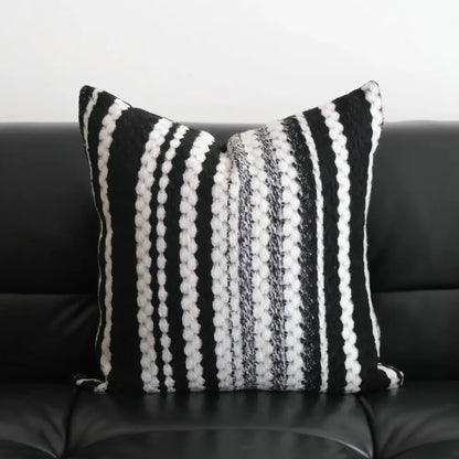 Black and white striped pillow cover with textured chunky yarn stripes for decorbites light luxury plush living room decor