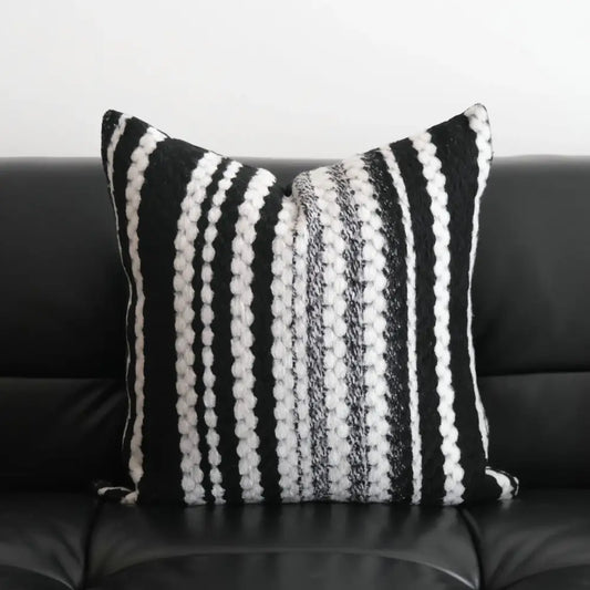 Black and white striped pillow cover with textured chunky yarn stripes for decorbites light luxury plush living room decor