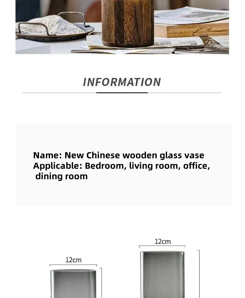 A sleek cylindrical wooden glass vase with warm brown finish and transparent sides for living room decoration