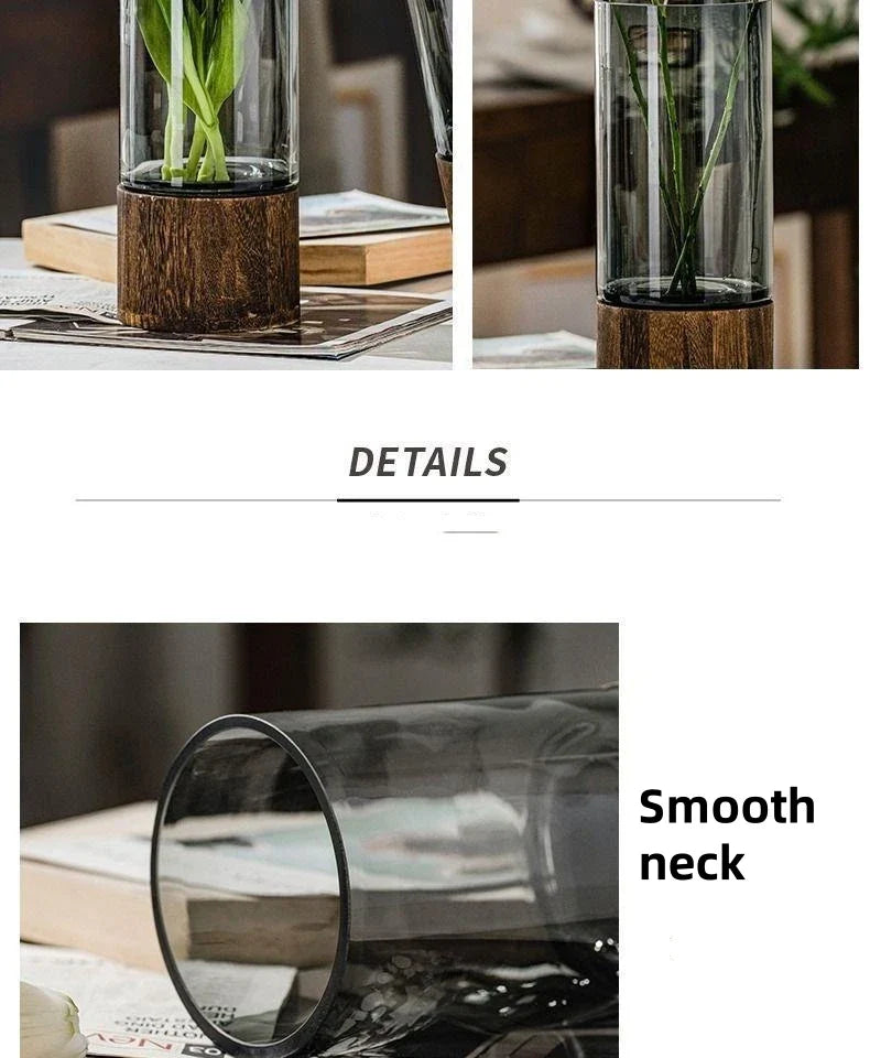 Clear glass vase with a wooden base and smooth neck for light luxury retro living room table decoration