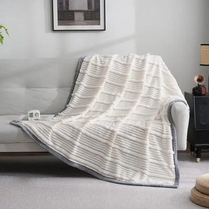 Cream-colored plush fleece luxury sofa blanket with ribbed texture and gray border for decorbites light luxury sofa use