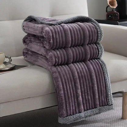 A plush lavender light luxury sofa blanket with ribbed fleece texture and gray knitted border by decorbites
