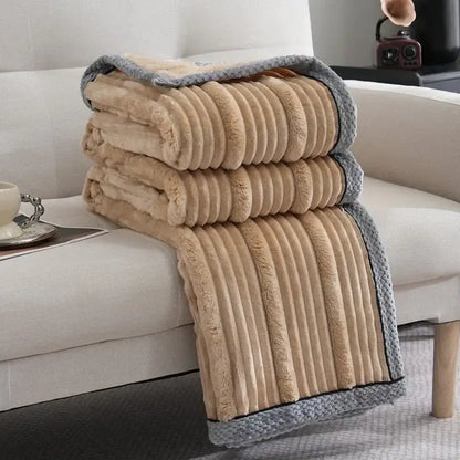 A plush tan and gray ribbed fleece luxury sofa blanket from decorbites light luxury collection for cozy decor