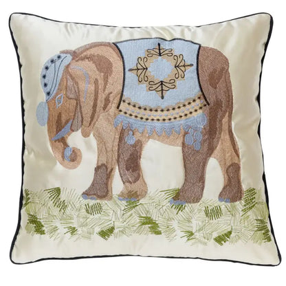 Cream cushion cover with decorbites elephant embroidery in brown and blue on lime green satin for sofa decorbites elephant embroidery
