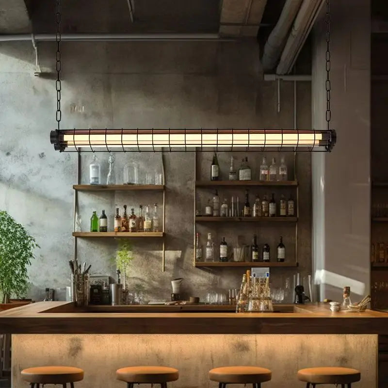 Linear chandelier glass pendant lamp with industrial style black metal chain and frame housing warm fluorescent tubes