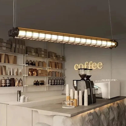 Industrial-style linear chandelier glass pendant lamp with gold-finished metal frame and frosted glass panels