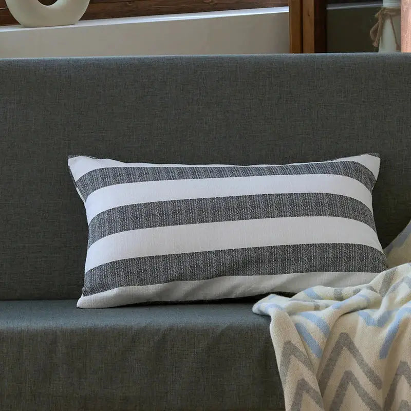 Rectangular cushion cover with wide white and dark gray linen stripe design made of textured fabric for living room decorbites linen stripe