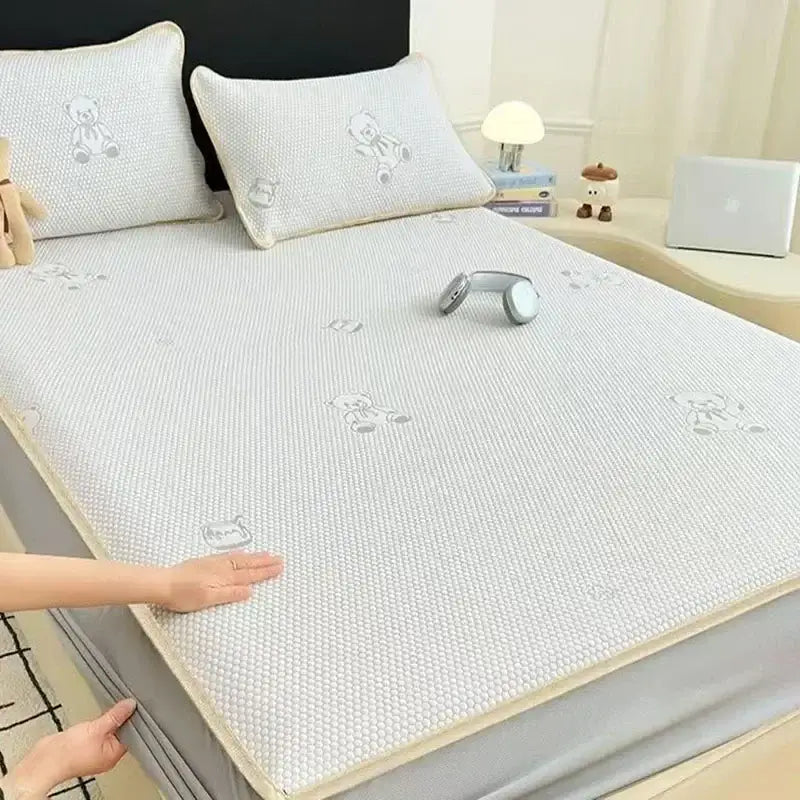 Light gray textured little bear gray jacquard cooling mat mattress pad with subtle bear jacquard cooling embroidery