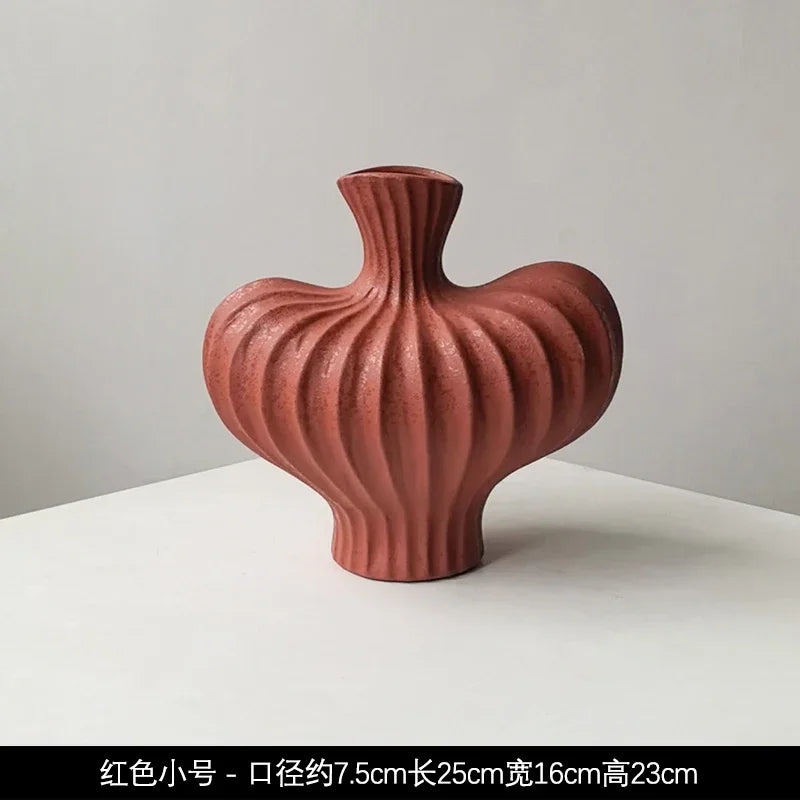 Livetai wabi-sabi handmade terracotta ceramic vase with ribbed organic shape and two bulbous sides for modern boho decor