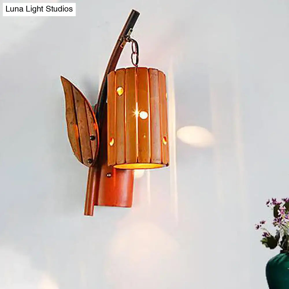Warm-toned brown wooden wall lamp with leaf accent and vertical slats compatible with led incandescent fluorescent 220v-240v
