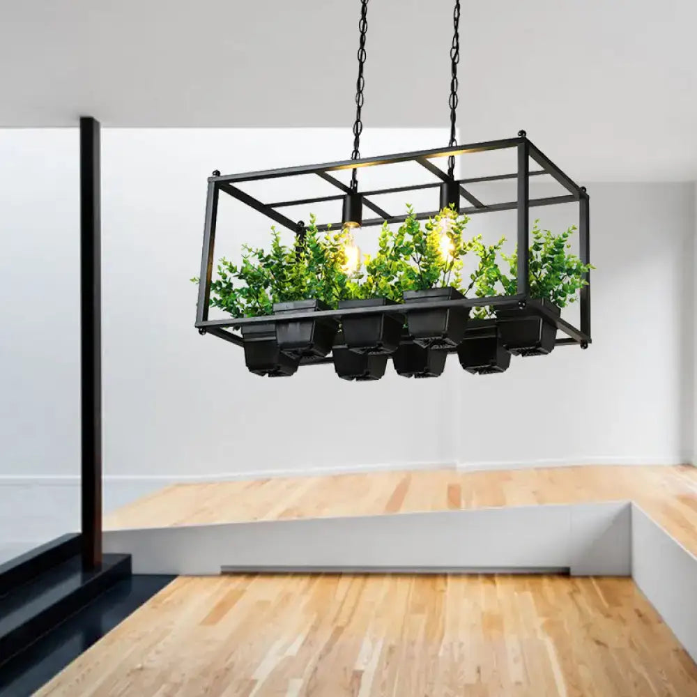 DecorBites black metal rectangular pendant light with integrated planters and warm bulbs features adjustable chain cord length and fixture width