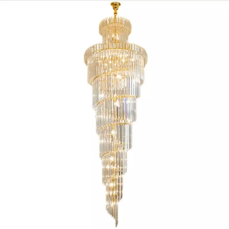 A long crystal staircase gold chandelier with cascading clear glass rods designed for luxury hotel hall decor