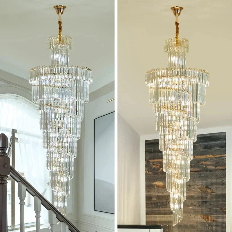 Multi-tiered long crystal staircase gold chandelier with cascading clear glass rods for hotel hall and luxury decor
