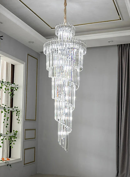 Long crystal staircase gold chandelier with cascading glass rods and natural fiber cord for hotel hall luxury decor