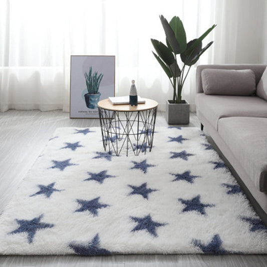 White star rug with blue stars plush polyester fiber long hair tie-dyed gradient carpet for living room and bedroom