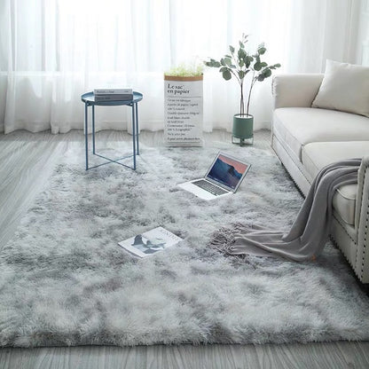 Gray long hair tie-dyed gradient carpet made of soft polyester fiber with a textured pattern for living room or bedroom