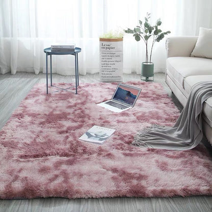 Pink fluffy long hair tie-dyed gradient carpet made of soft polyester fiber for living room and bedroom use