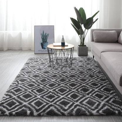 Charcoal gray and white long hair tie-dyed gradient carpet with plush texture made of polyester fiber for living room and bedroom