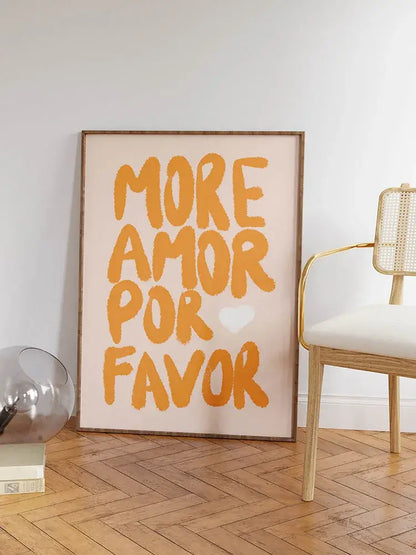 A framed DecorBites™ wall art canvas with bold orange love quote and kind love quote on soft beige background