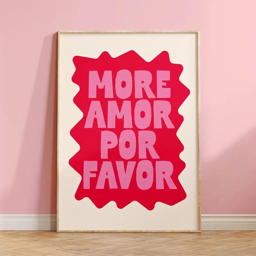 A framed DecorBites™ wall art canvas featuring a kind love quote in bold pink on a vibrant red wavy background