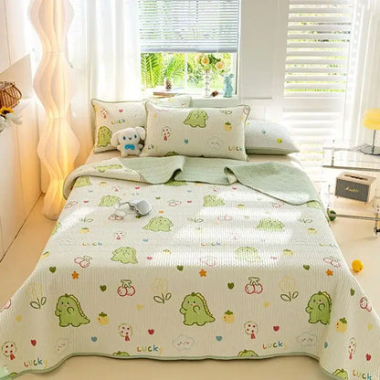 Cute green dinosaur-themed mattress mat with decorbites cartoon pattern cotton fabric for bedroom bedding