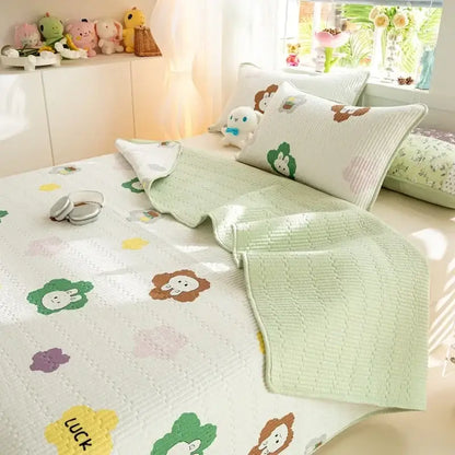 Pastel green and white quilted mattress mat with decorbites cartoon pattern cotton featuring lucky dinosaur prints