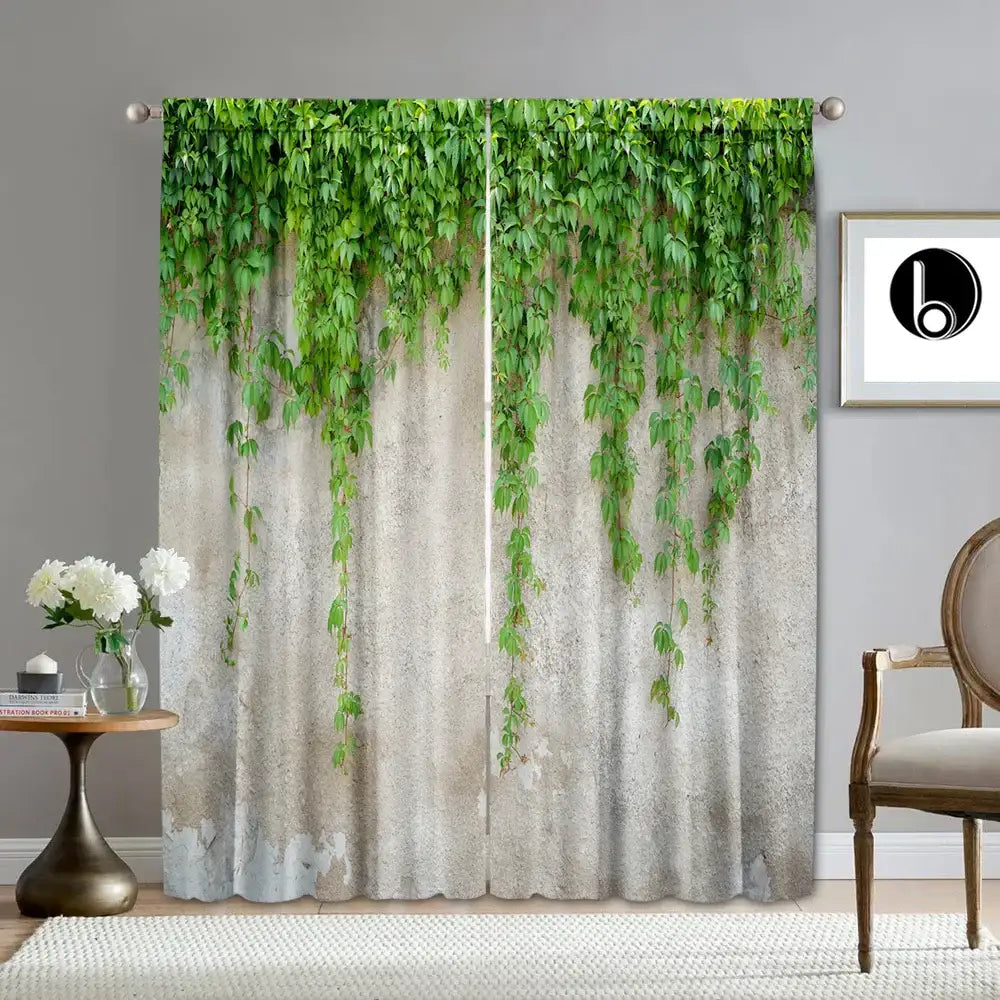 Lush ivy green leaf plant printed sheer curtains with textured concrete backdrop for living room use